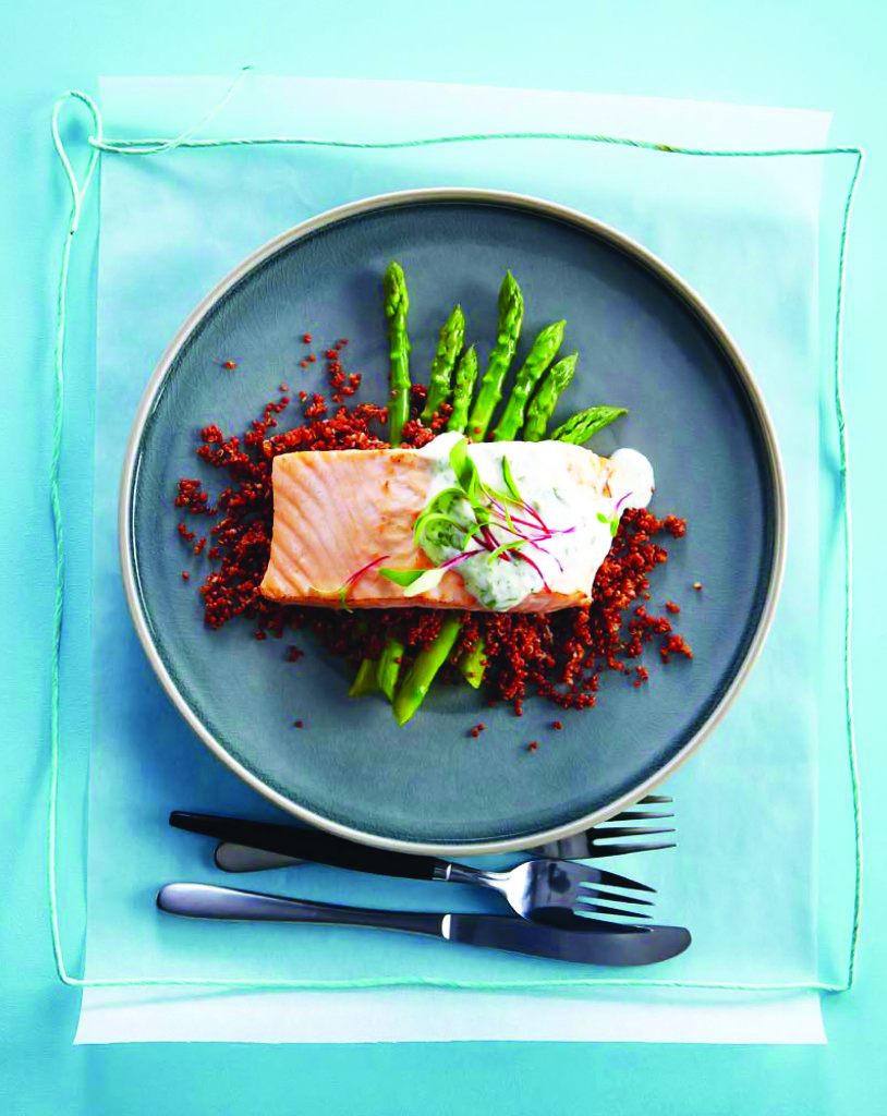 Salmon_and_Red_Quinoa_on_Asparagus_with_Lime_Cilantro_Sauce high res